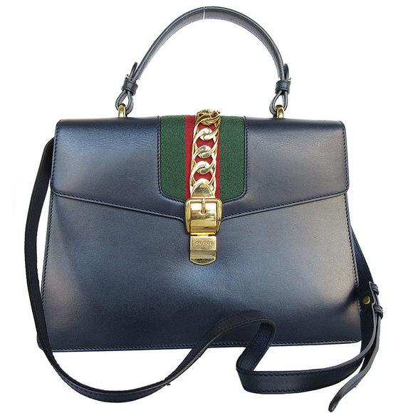 Gucci Leather Sylvie Navy Shoulder Blue Bag - Picture 1 of 5